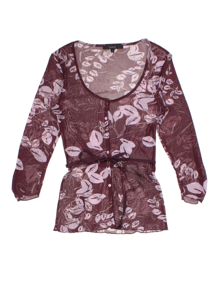 Y2K Floral Sheer Burgundy Button Up Top (Size S)