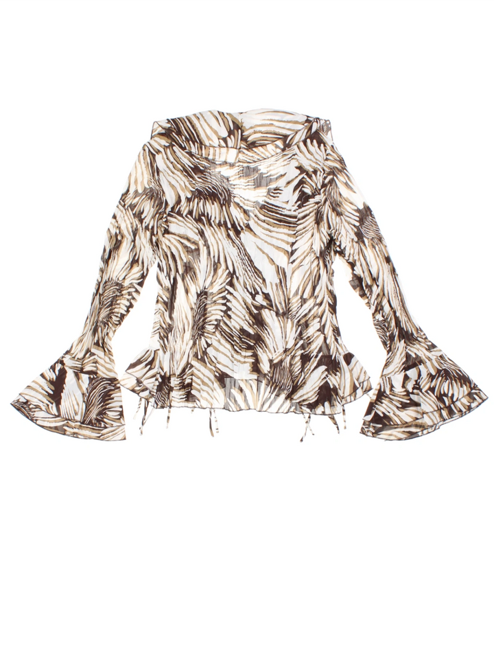 Y2K Leaf Print Brown Bell Sleeve Top (Size M)