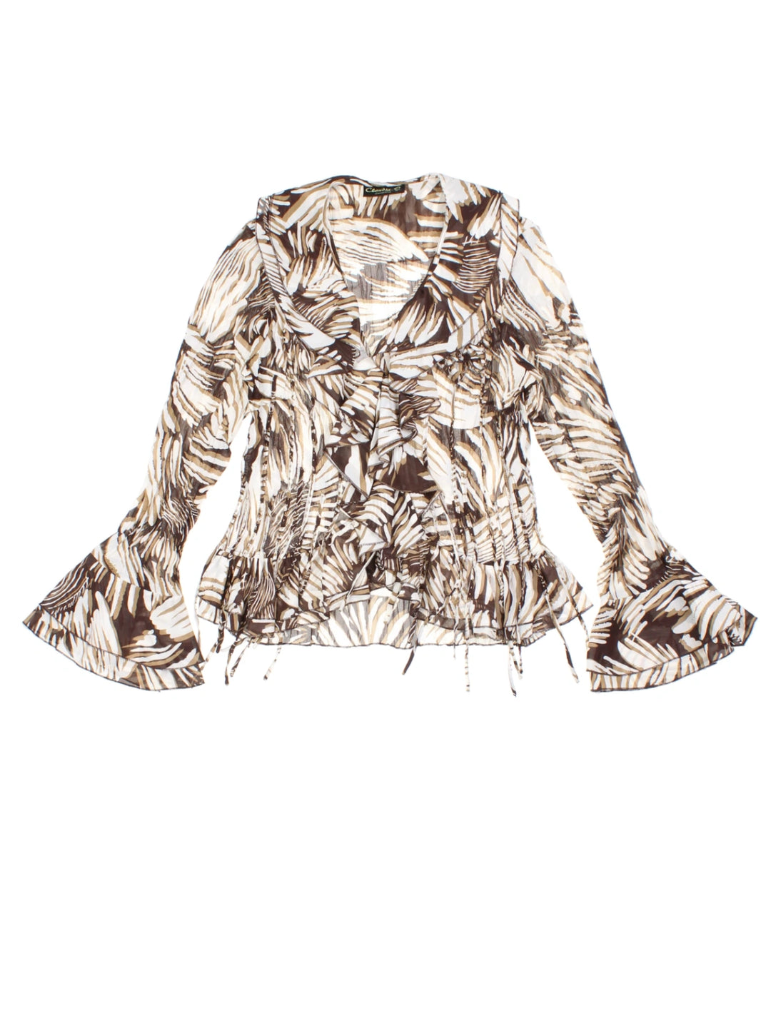 Y2K Leaf Print Brown Bell Sleeve Top (Size M)