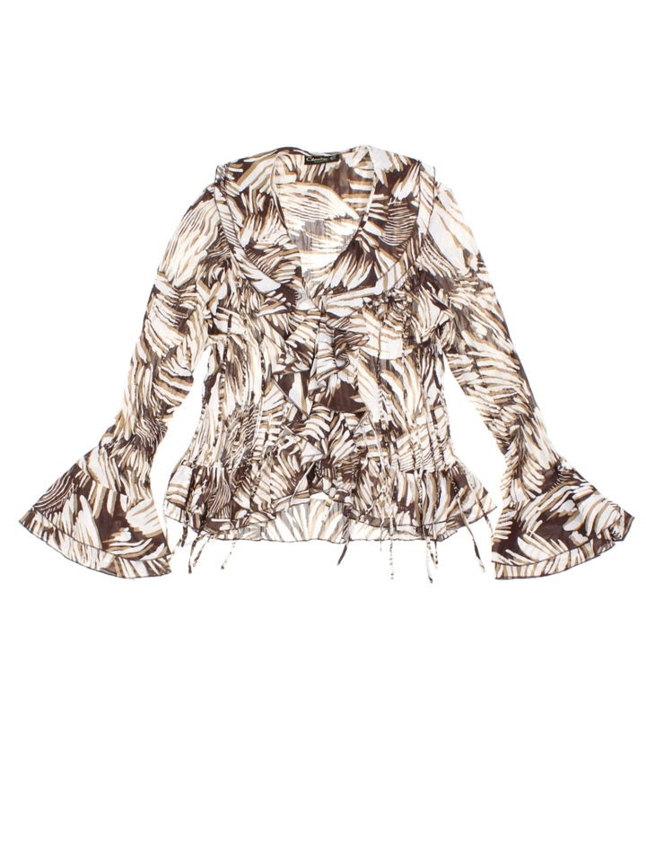 Y2K Leaf Print Brown Bell Sleeve Top (Size M)