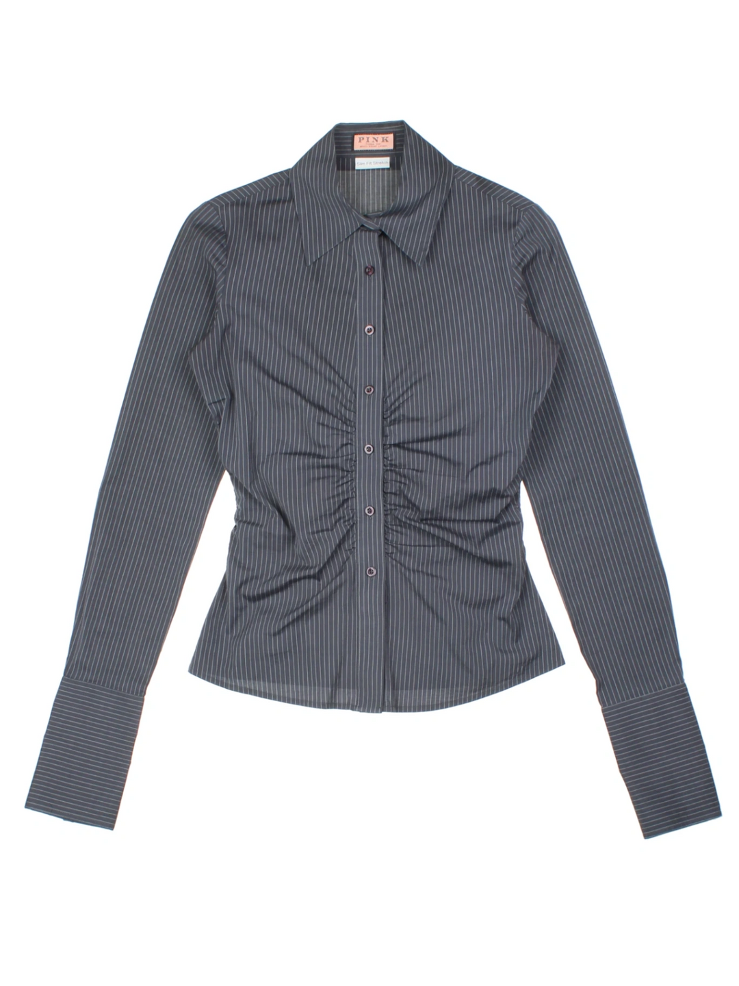 Y2K Pink Pinstripe Ruched Grey Shirt (Size XXS)