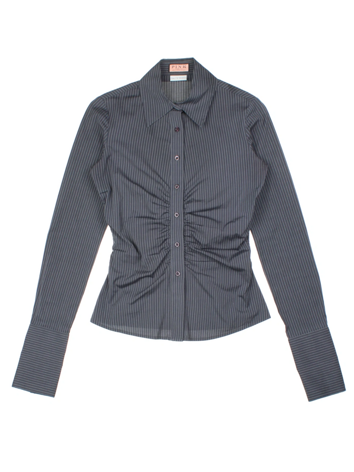 Y2K Pink Pinstripe Ruched Grey Shirt (Size XXS)