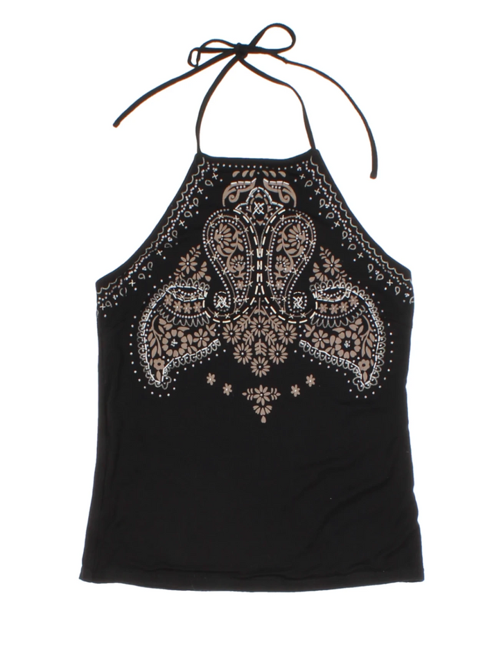 Y2K Floral Print Black Halter Neck Top (Size S)