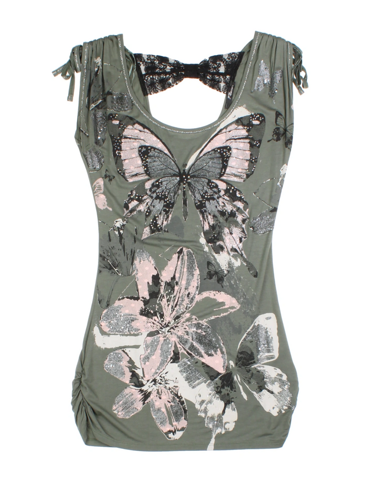 Y2K Butterfly Print Green Tunic Top (Size L)