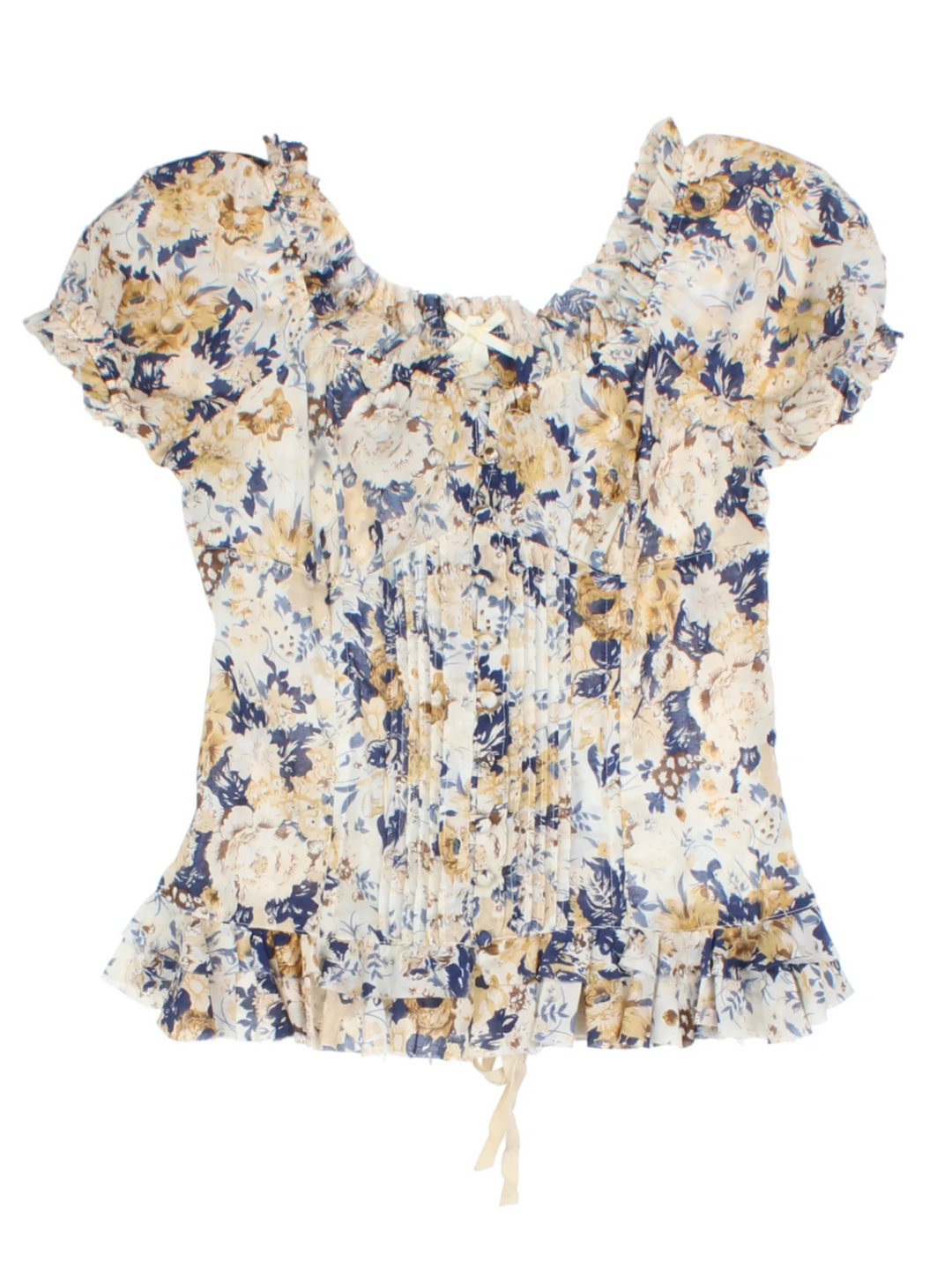 Y2K Floral Tan Puff Sleeve Top (Size XS)