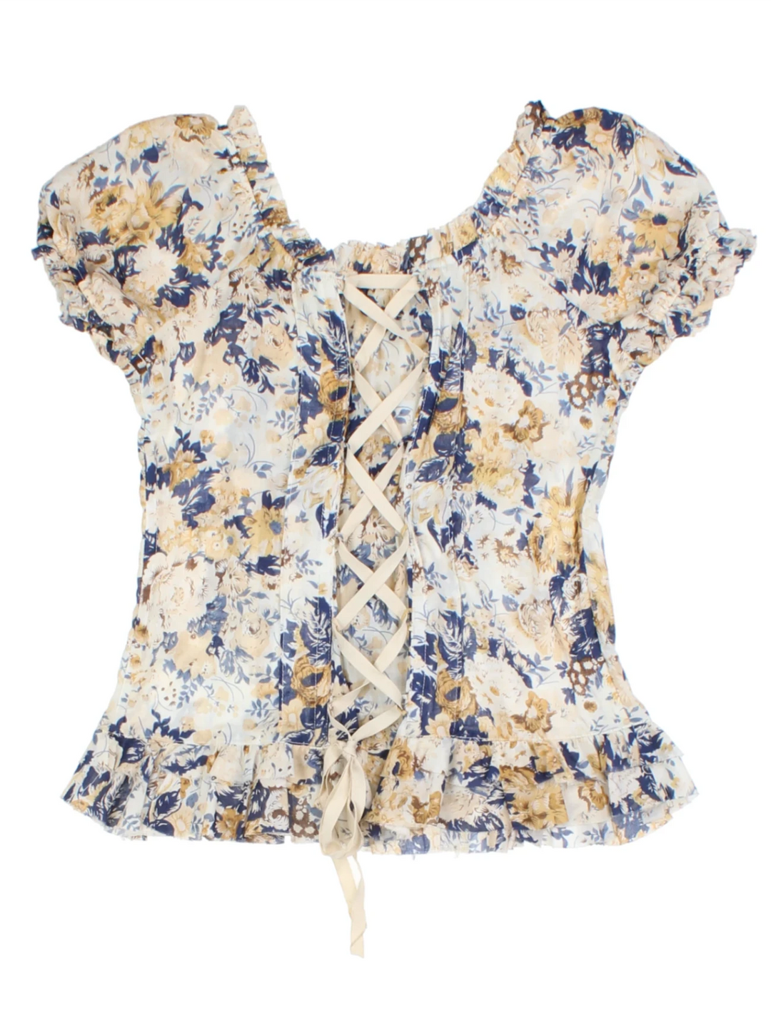 Y2K Floral Tan Puff Sleeve Top (Size XS)