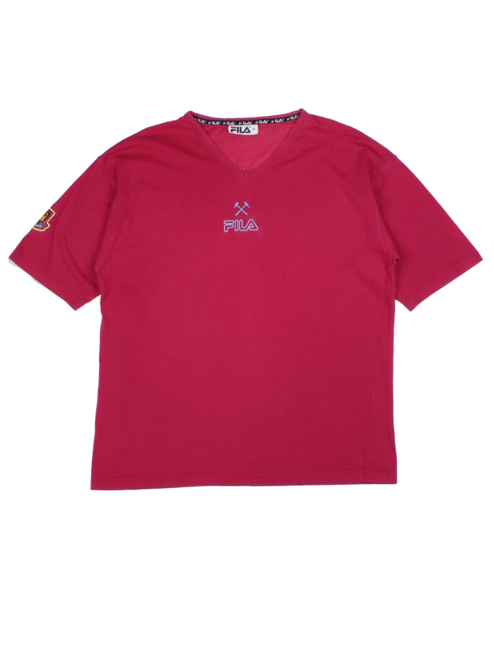 90s Fila West Ham Red Embroidered V-Neck T-Shirt (Size XL)