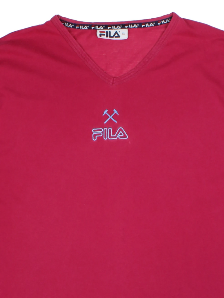 90s Fila West Ham Red Embroidered V-Neck T-Shirt (Size XL)