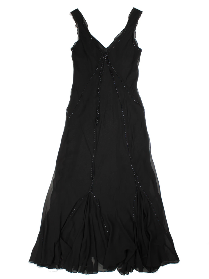Y2K Black Beaded Silk Midi Dress (Size M)