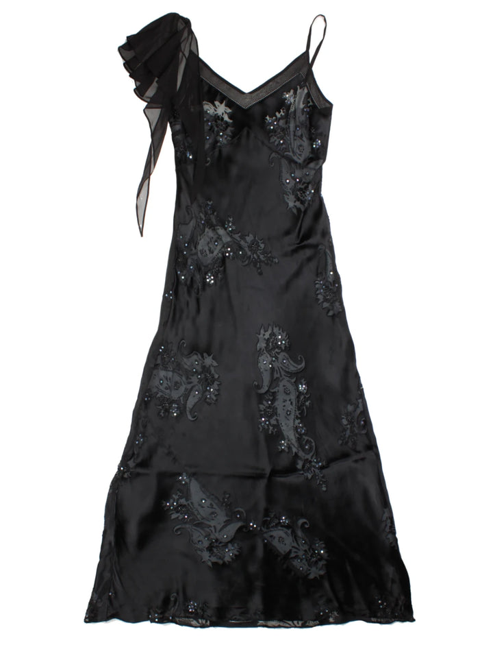Y2K Black Floral Beaded Silk Maxi Dress (Size XS)