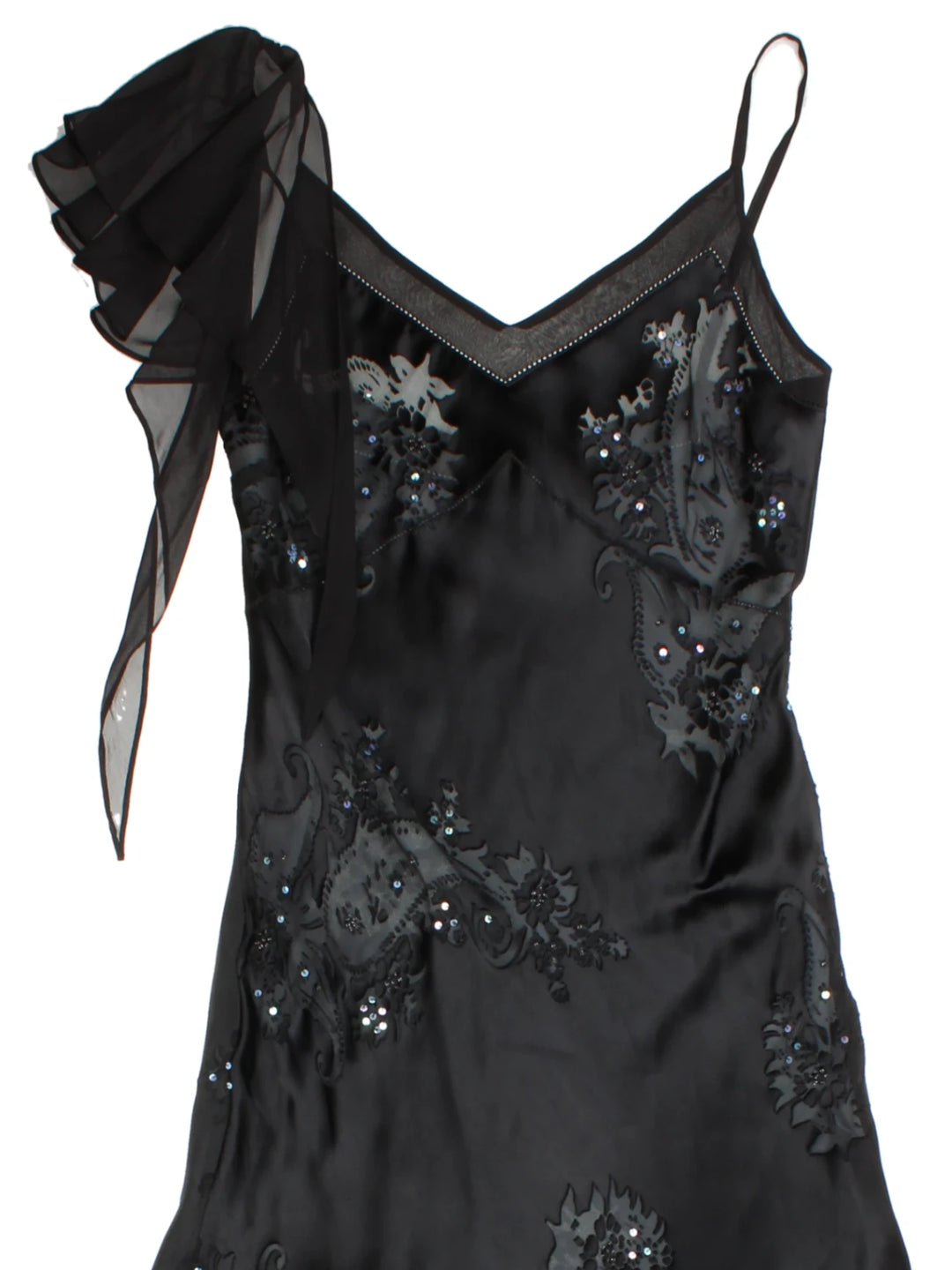 Y2K Black Floral Beaded Silk Maxi Dress (Size XS)