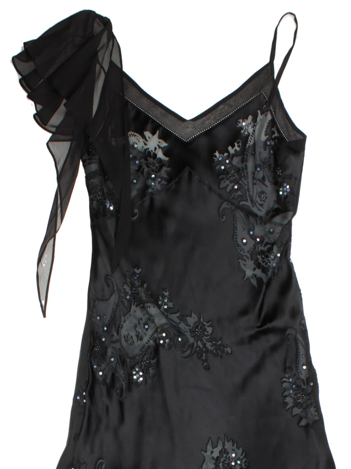 Y2K Black Floral Beaded Silk Maxi Dress (Size XS)