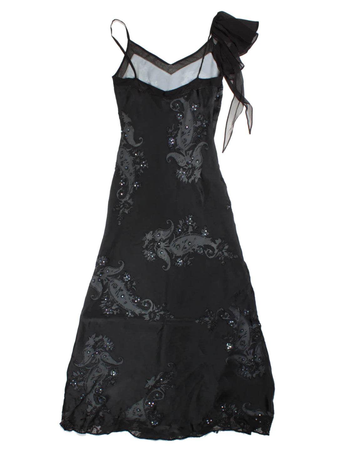 Y2K Black Floral Beaded Silk Maxi Dress (Size XS)