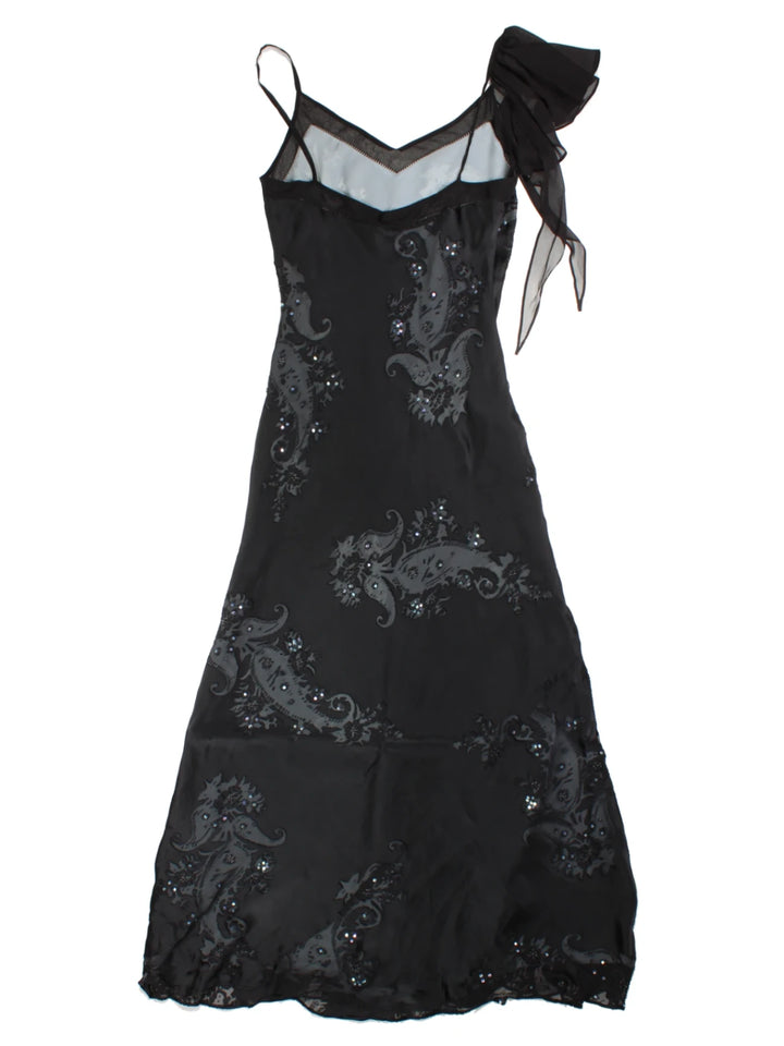 Y2K Black Floral Beaded Silk Maxi Dress (Size XS)