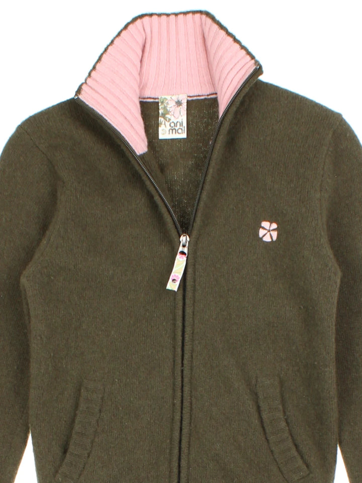 Y2K Animal Green Funnel Neck Zip Cardigan (Size S)