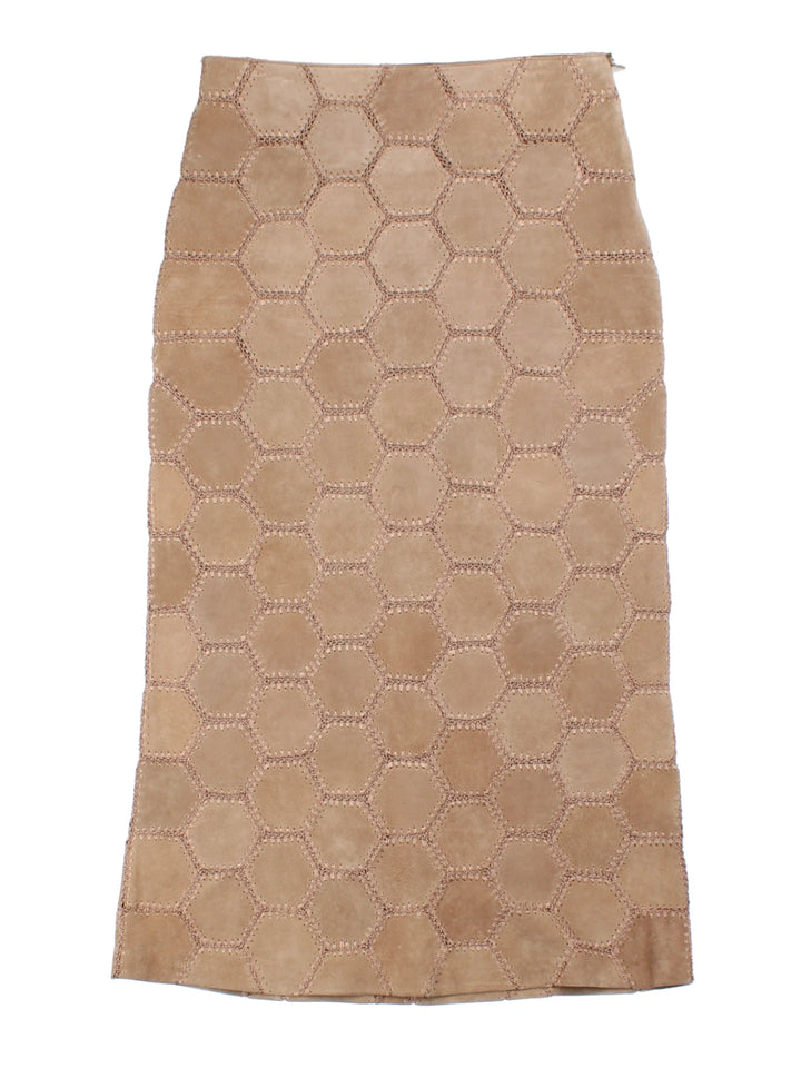 Y2K Wallis Tan Patchwork Suede Midi Skirt (Size L)