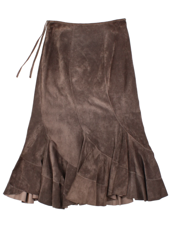 Y2K Monsoon Brown Suede Wrap Midi Skirt (Size S)