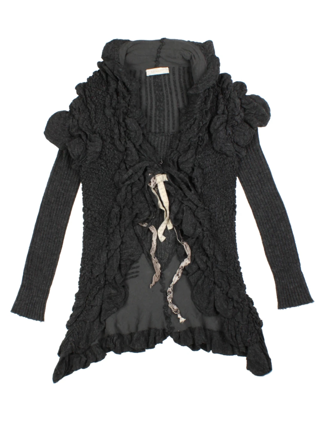 Y2K Black Ruffle Tie Front Cardigan (Size M)