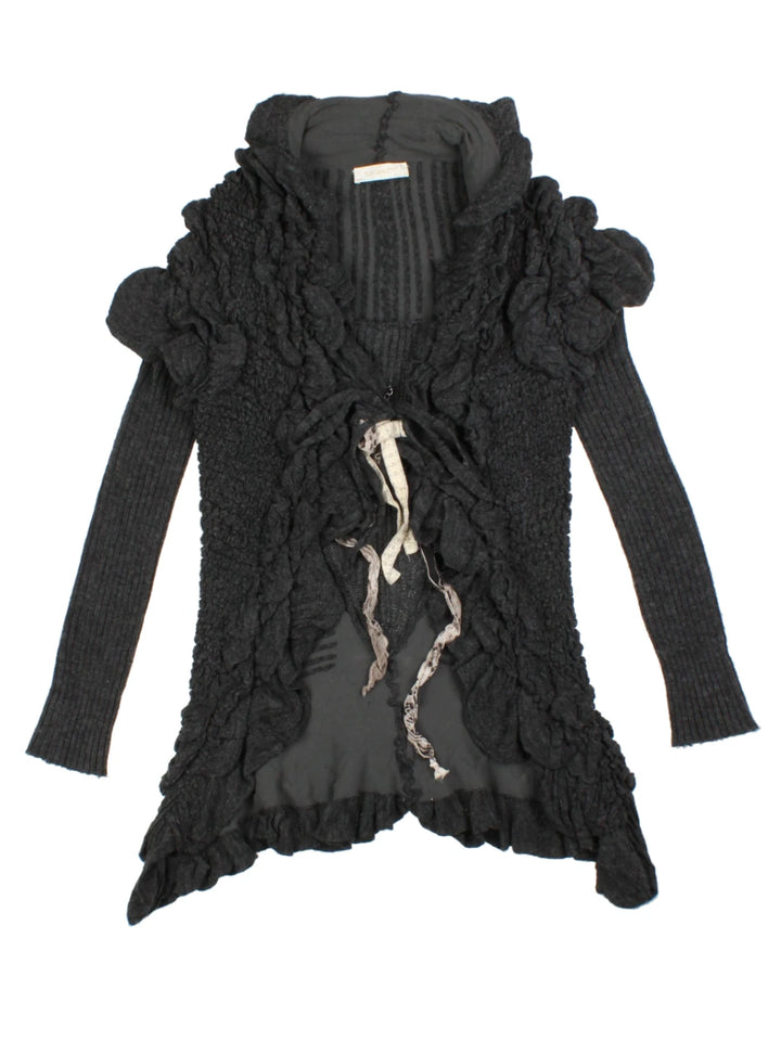 Y2K Black Ruffle Tie Front Cardigan (Size M)