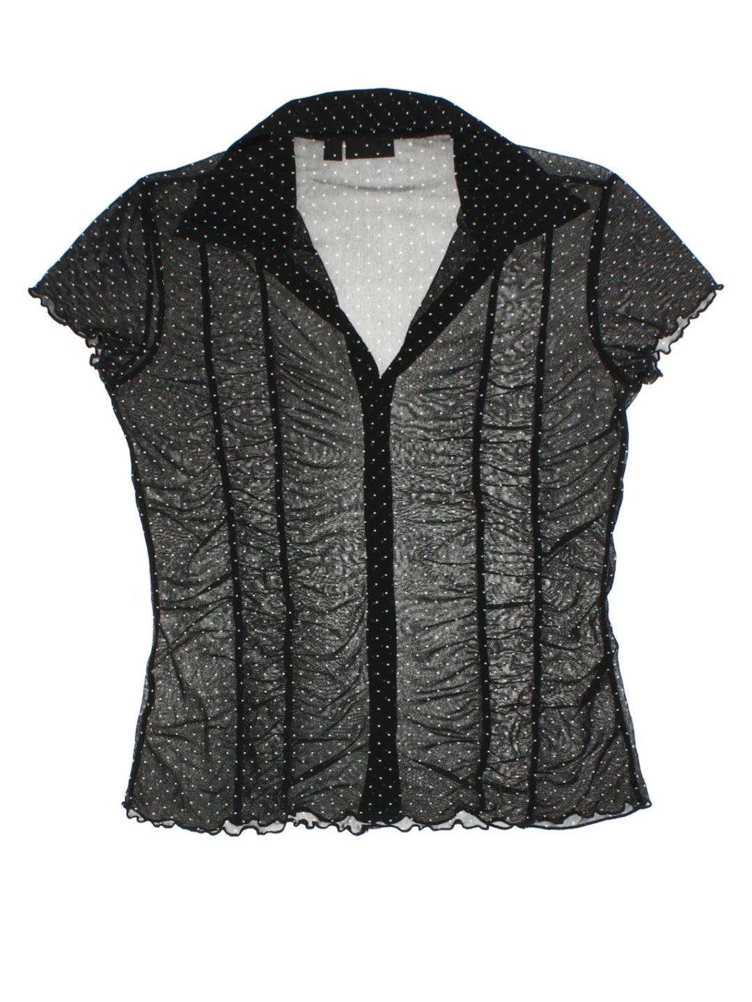 Y2K Black Polka Dot Mesh V-Neck Top (Size L)