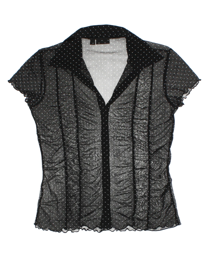 Y2K Black Polka Dot Mesh V-Neck Top (Size L)