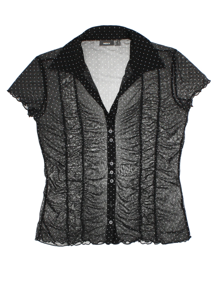 Y2K Black Polka Dot Mesh V-Neck Top (Size L)