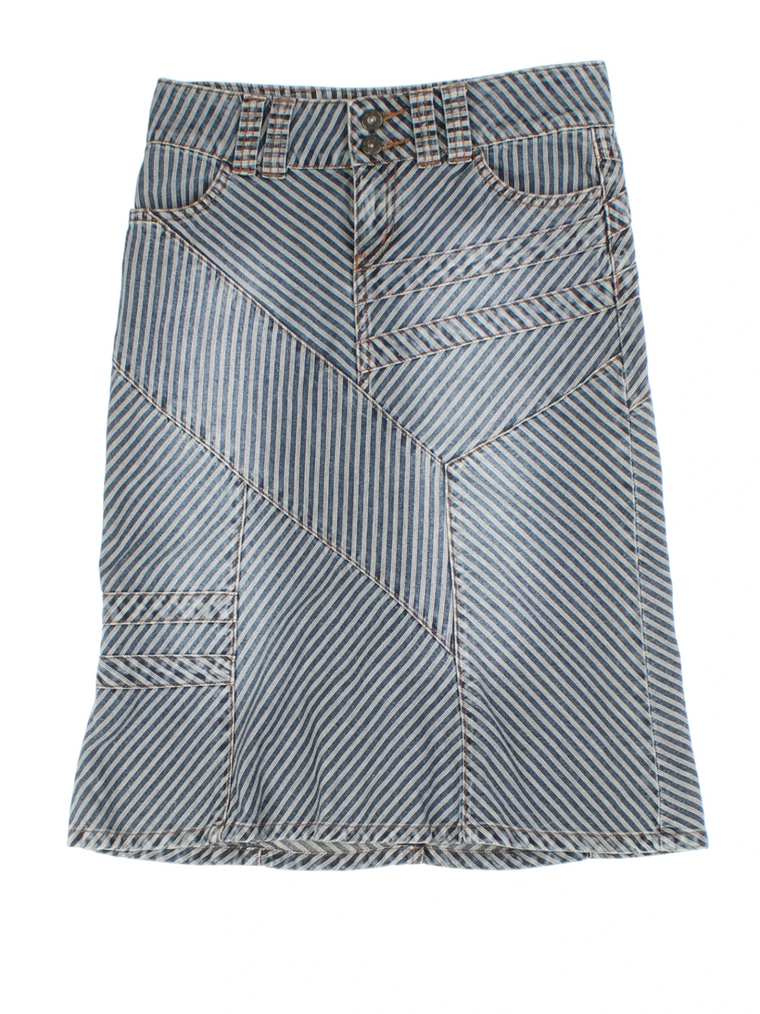 Y2K Blue Striped Denim Midi Skirt (Size M)