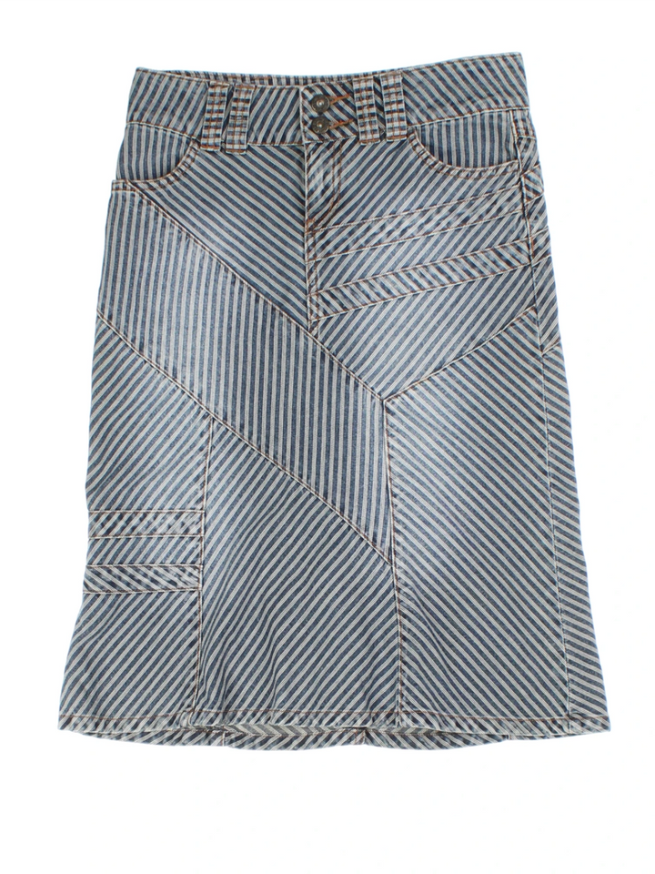 Y2K Blue Striped Denim Midi Skirt (Size M)