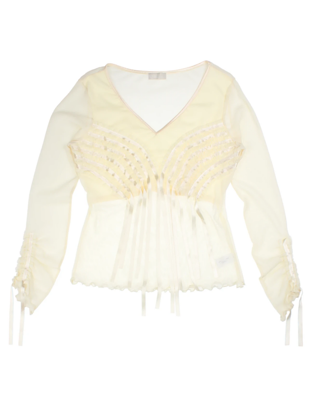 Y2K White Sheer V-Neck Ribbon Top (Size L)