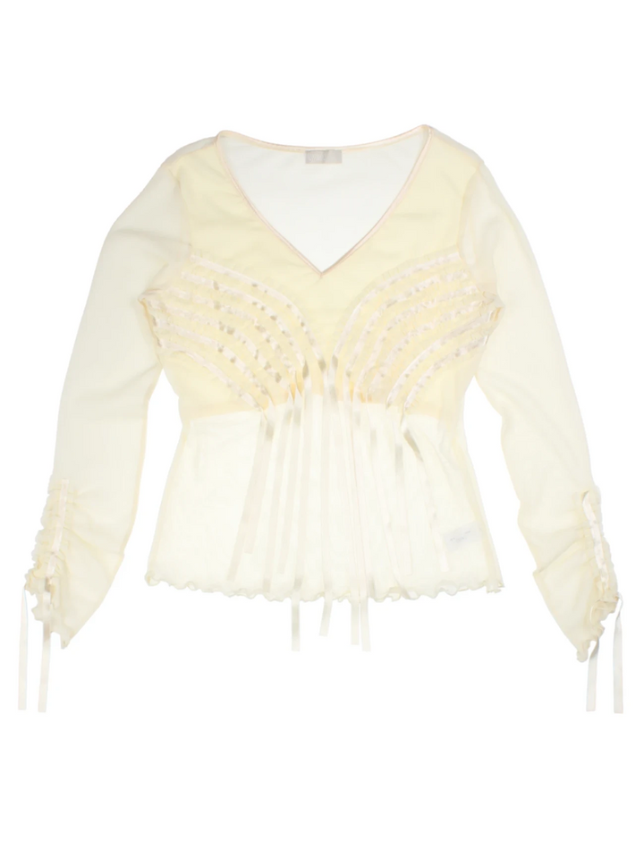 Y2K White Sheer V-Neck Ribbon Top (Size L)