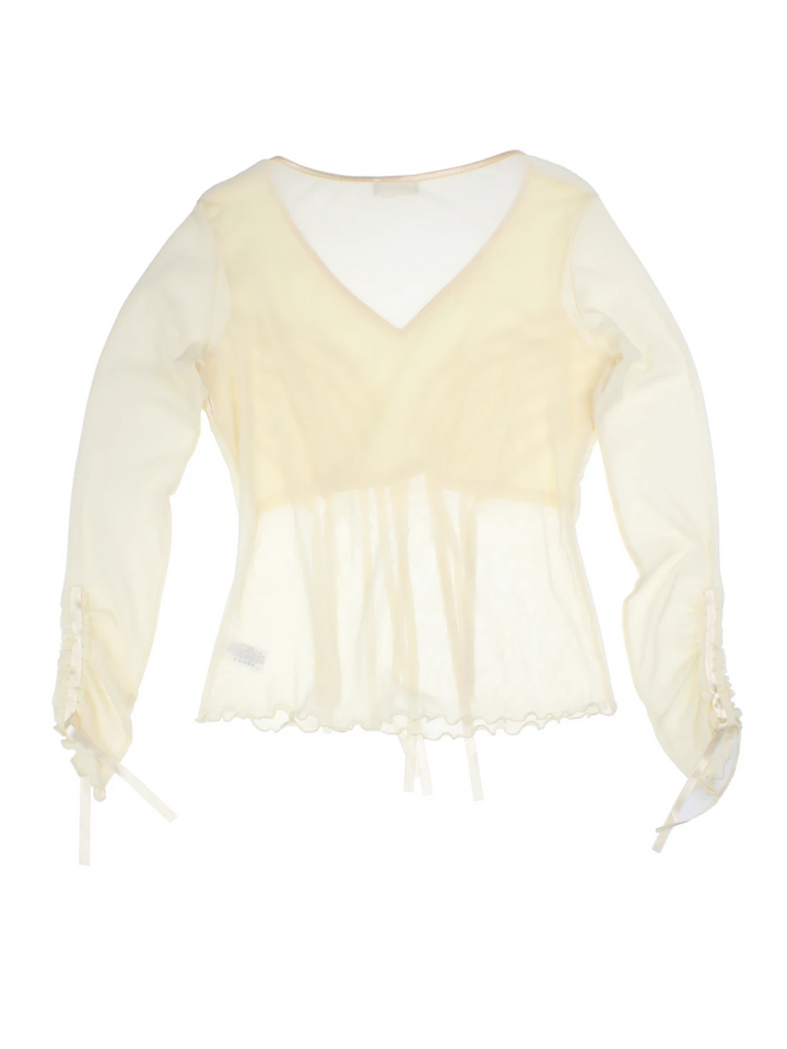 Y2K White Sheer V-Neck Ribbon Top (Size L)