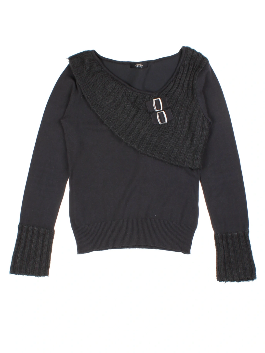 Y2K Grey Ribbed Knit Buckle Jumper (Size S)