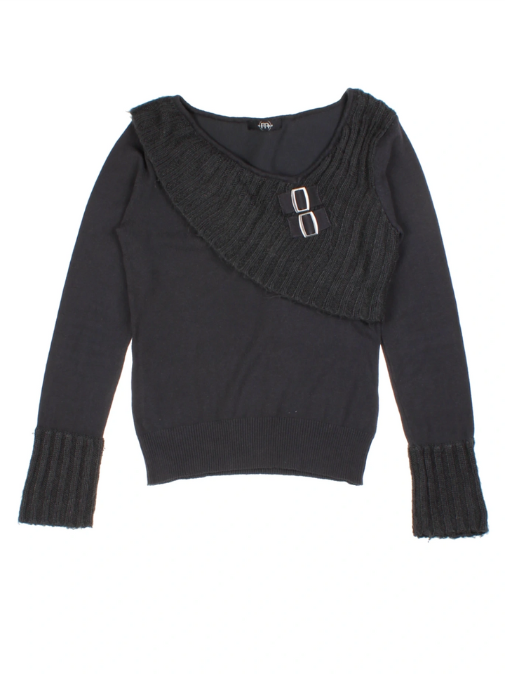 Y2K Grey Ribbed Knit Buckle Jumper (Size S)