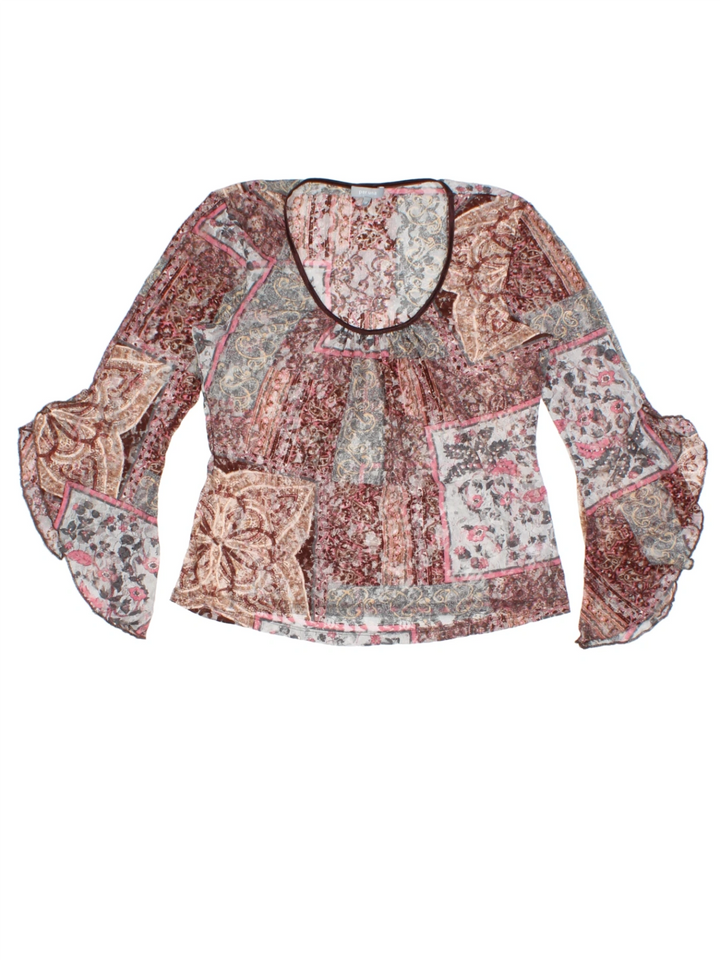 Y2K Brown Floral Patchwork Top (Size L)