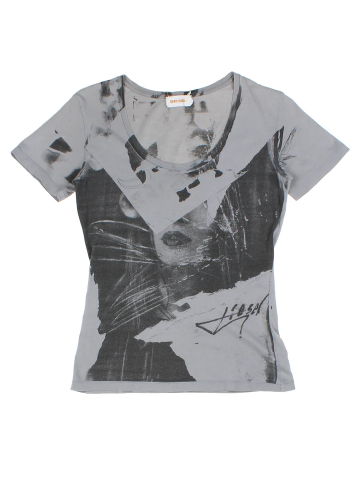 Y2K Diesel Grey Graphic Print T-Shirt (Size S)
