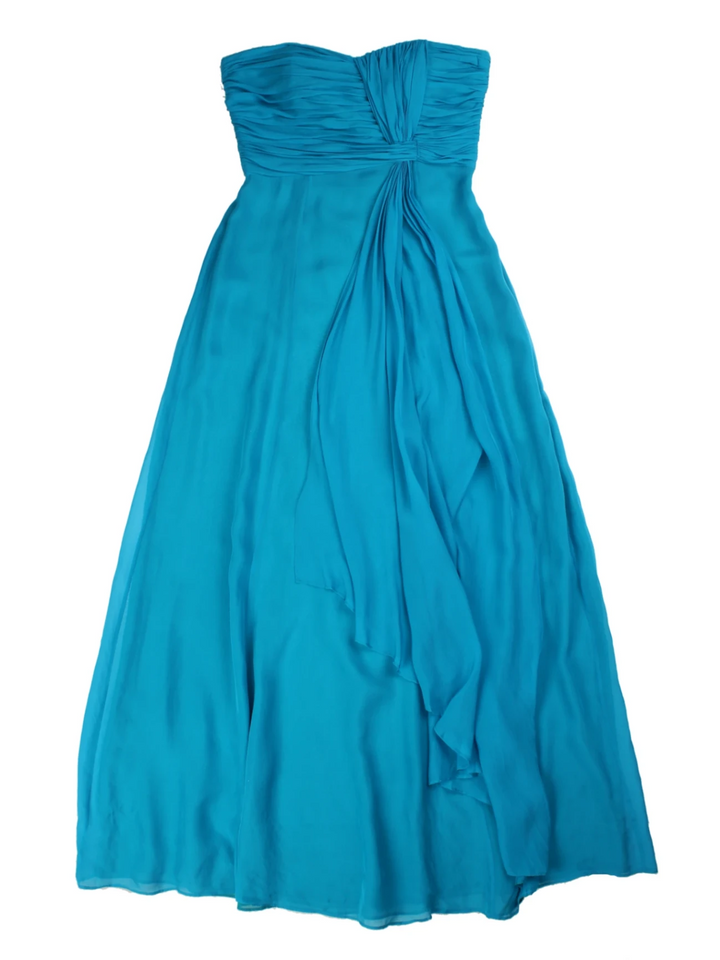 Y2K Blue Strapless Silk Maxi Dress (Size XS)