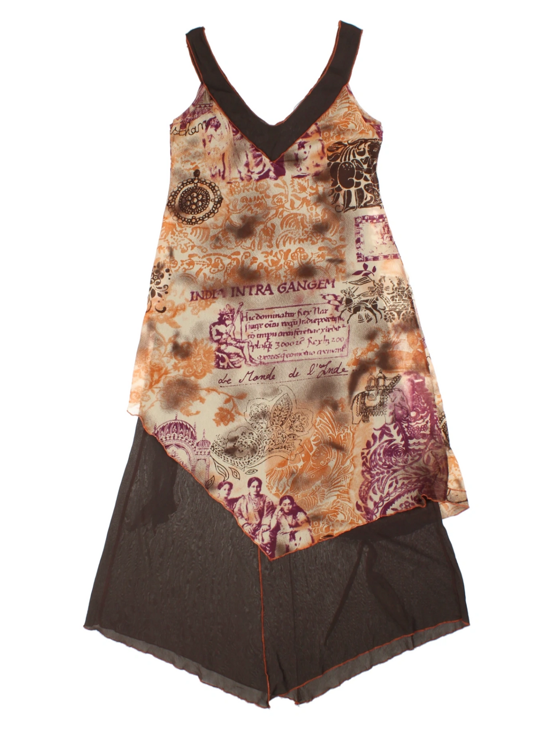 Y2K Brown Printed Asymmetrical Midi Dress (Size M)
