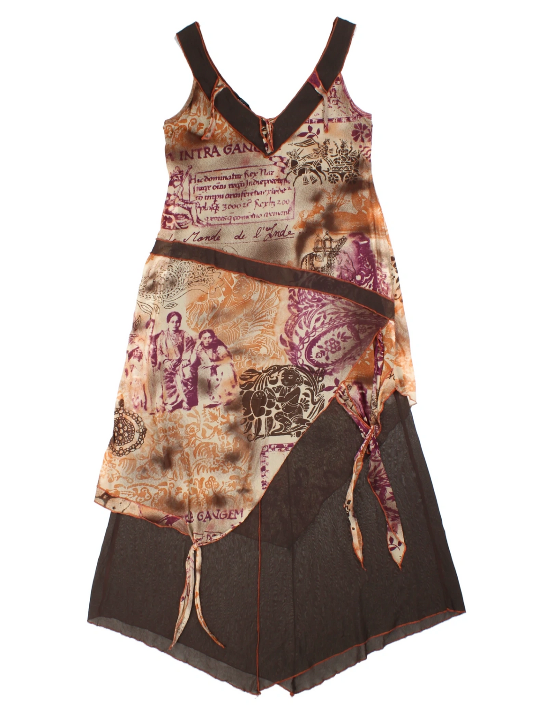 Y2K Brown Printed Asymmetrical Midi Dress (Size M)