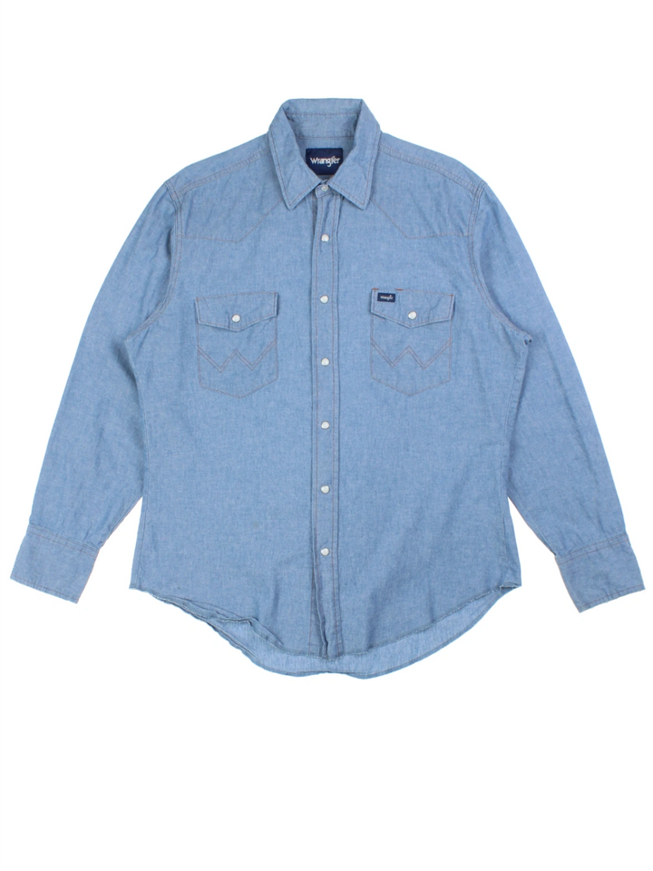 Wrangler Blue Pearl Snap Western Denim Shirt (Size L)