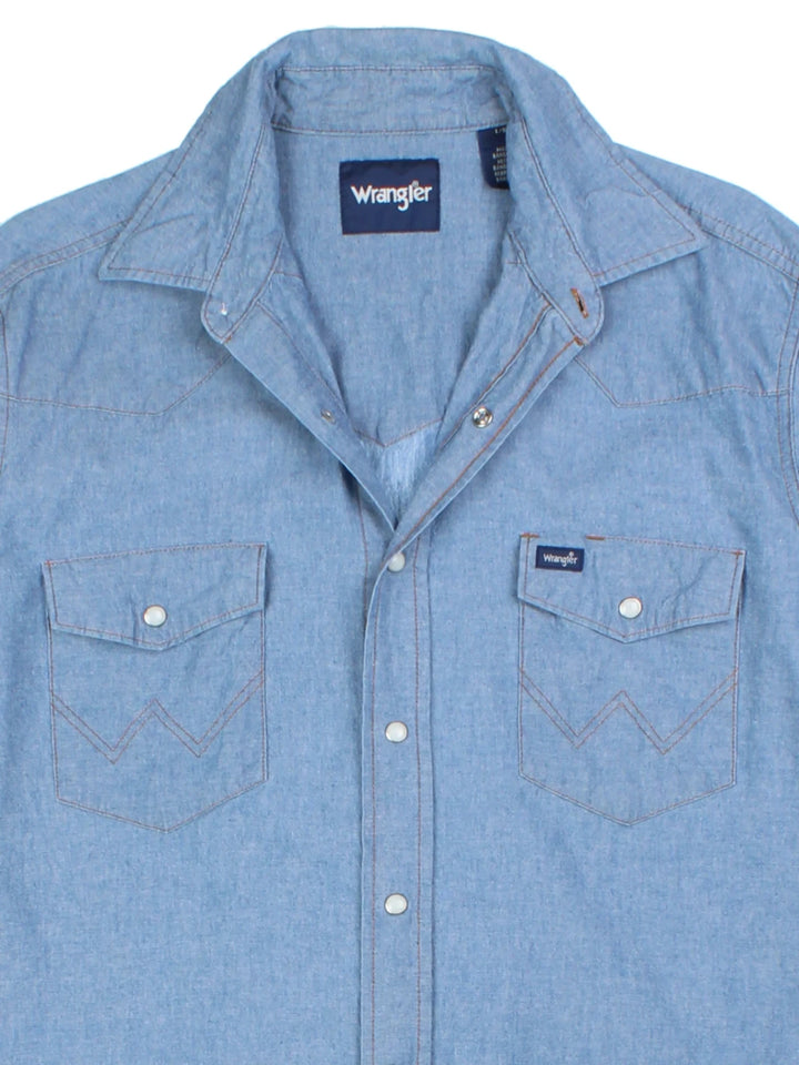 Wrangler Blue Pearl Snap Western Denim Shirt (Size L)