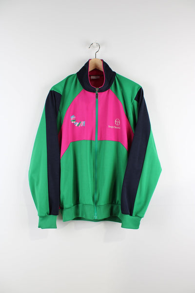 Vintage green and pink Sergio Tacchini tracksuit top featuring embroidered logo on the chest and navy panels on each arm.