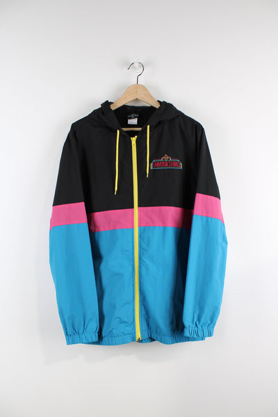 Black, pink and blue Universal Studios tracksuit jacket with embroidered logo on the chest and the back.