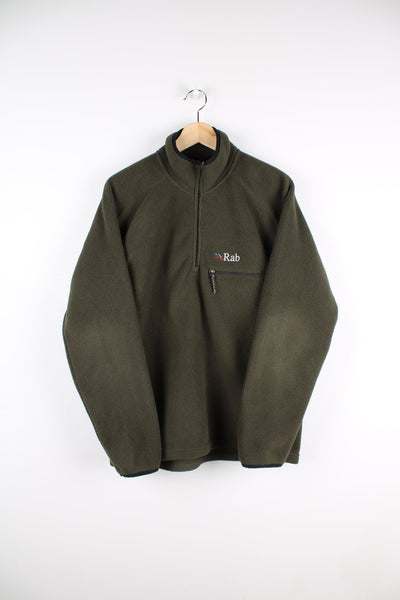 Green Rab fleece with quarter zip, zip pocket on the chest as well as embroidered logo.