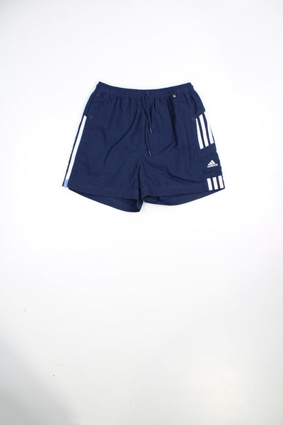 Blue Adidas swim shorts with elasticated waist and drawstring. Features signature three stripes and embroidered logo.