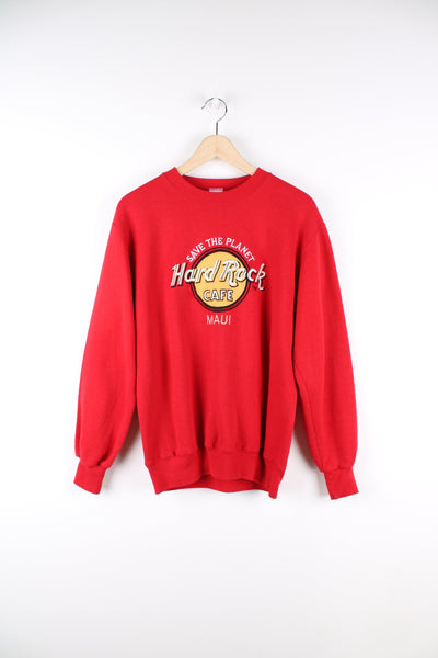 Red Hard Rock Cafe Maui sweatshirt with embroidered logo across the chest.