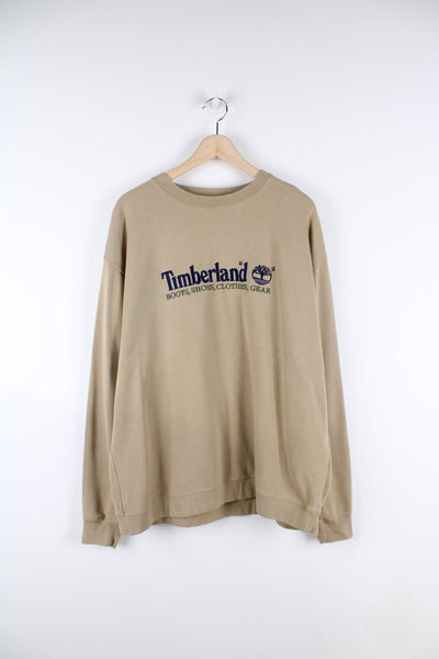 Beige 90s Timberland sweatshirt with embroidered logo across the chest.