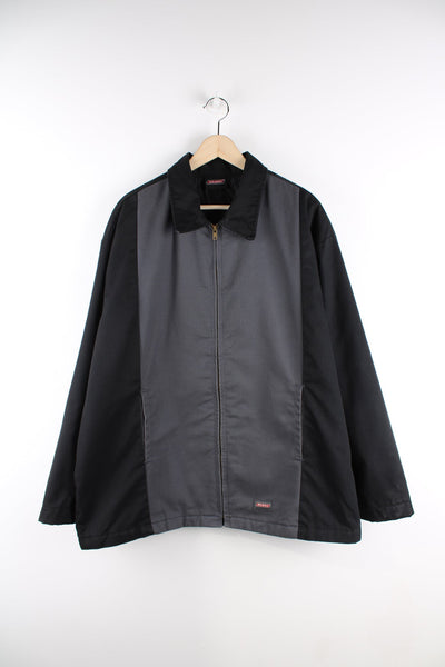 Dickies grey and  black cotton zip through jacket, features quilted lining and embroidered logo near the hem