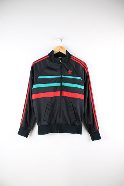 Vintage 80s Adidas tracksuit top in black with red and green stripes. Features embroidered logo on the chest.
