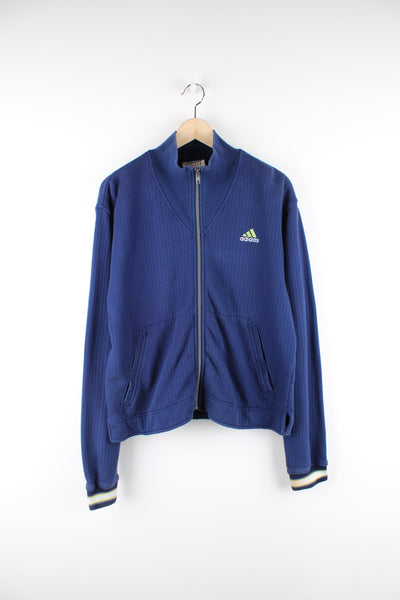 Vintage Adidas blue zip through sweatshirt with embroidered logo on the chest.