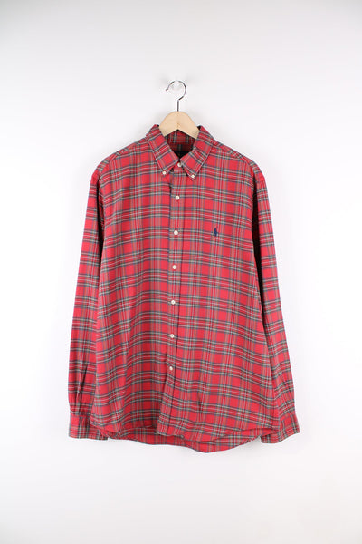 Ralph Lauren red plaid button up shirt with signature embroidered logo on the chest. 